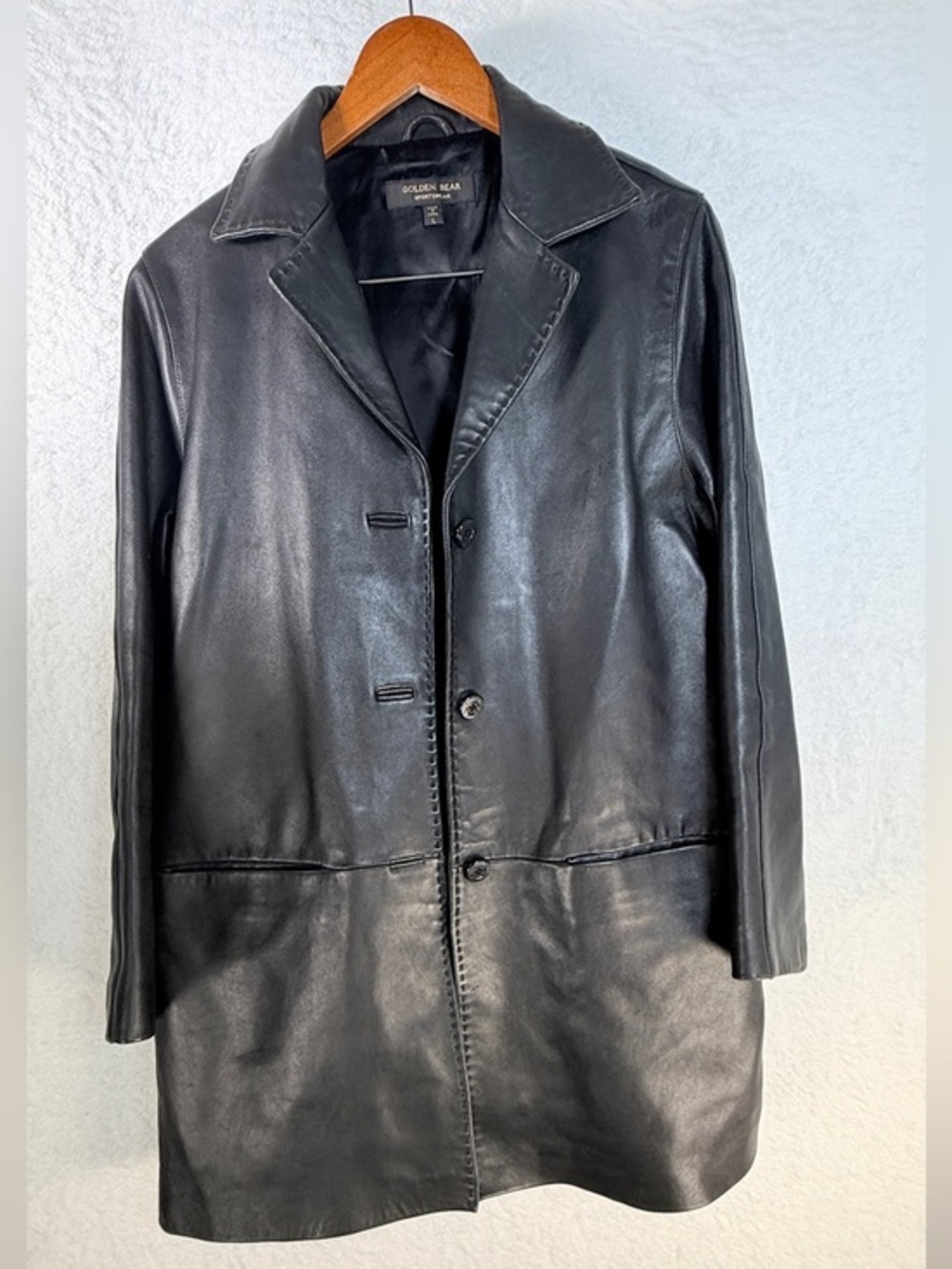 Golden Bear Sportswear Black Leather Long Blazer Car Coat Size Large